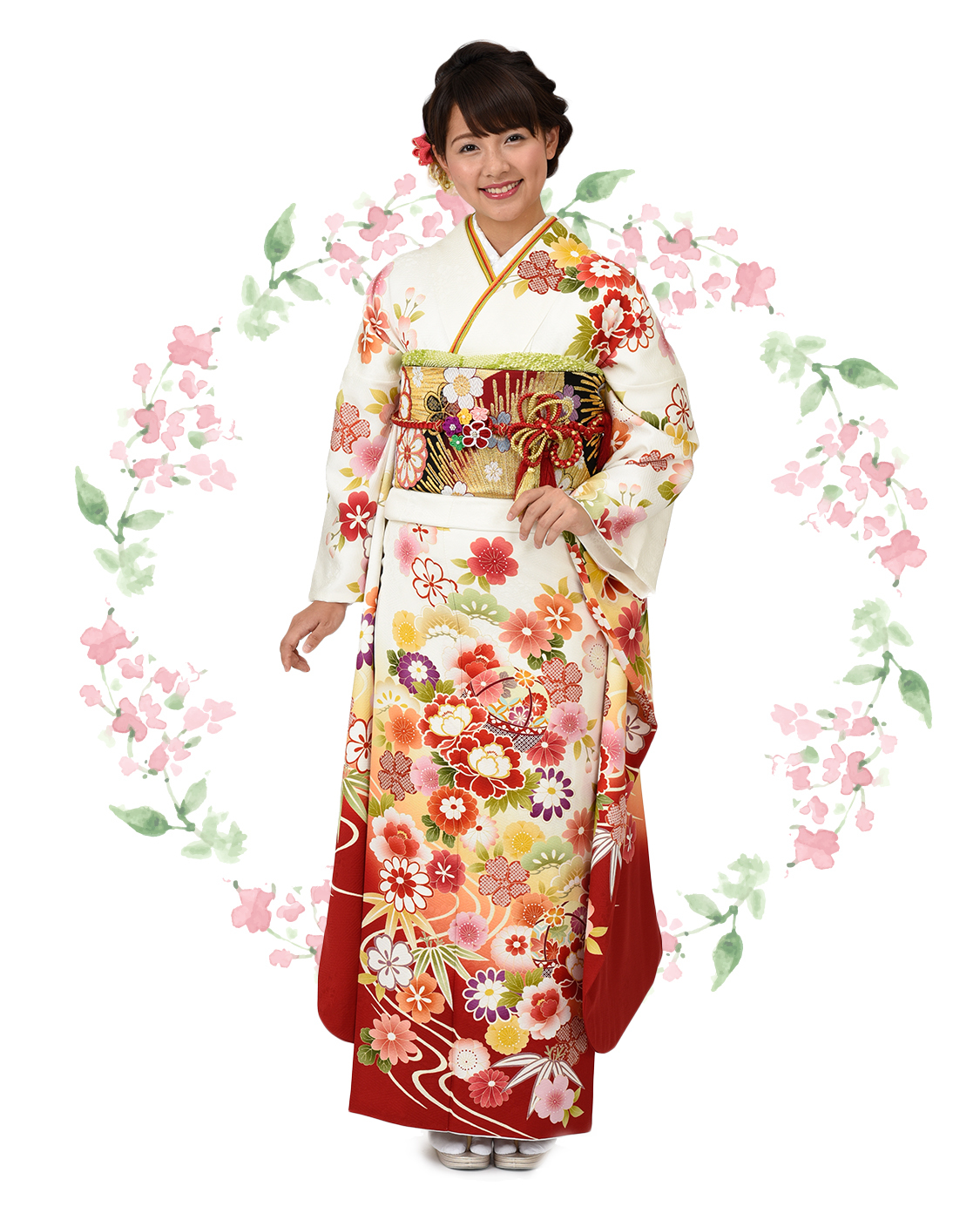 赤地に愛らしい桜と毬柄振袖【MKK-2905】 / まるやま・京彩